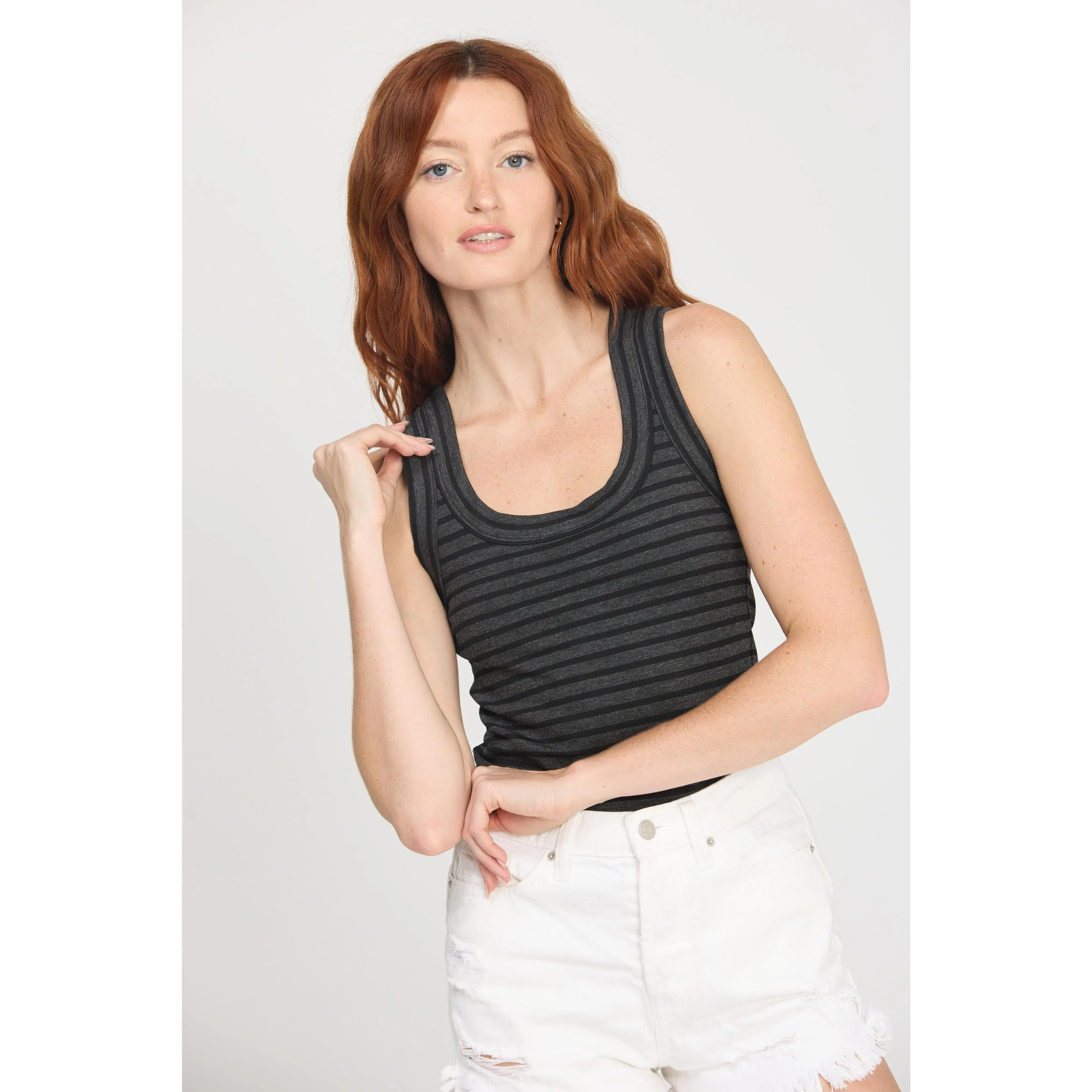 Anouk Scoop Neck Striped Tank-Charcoal/Black