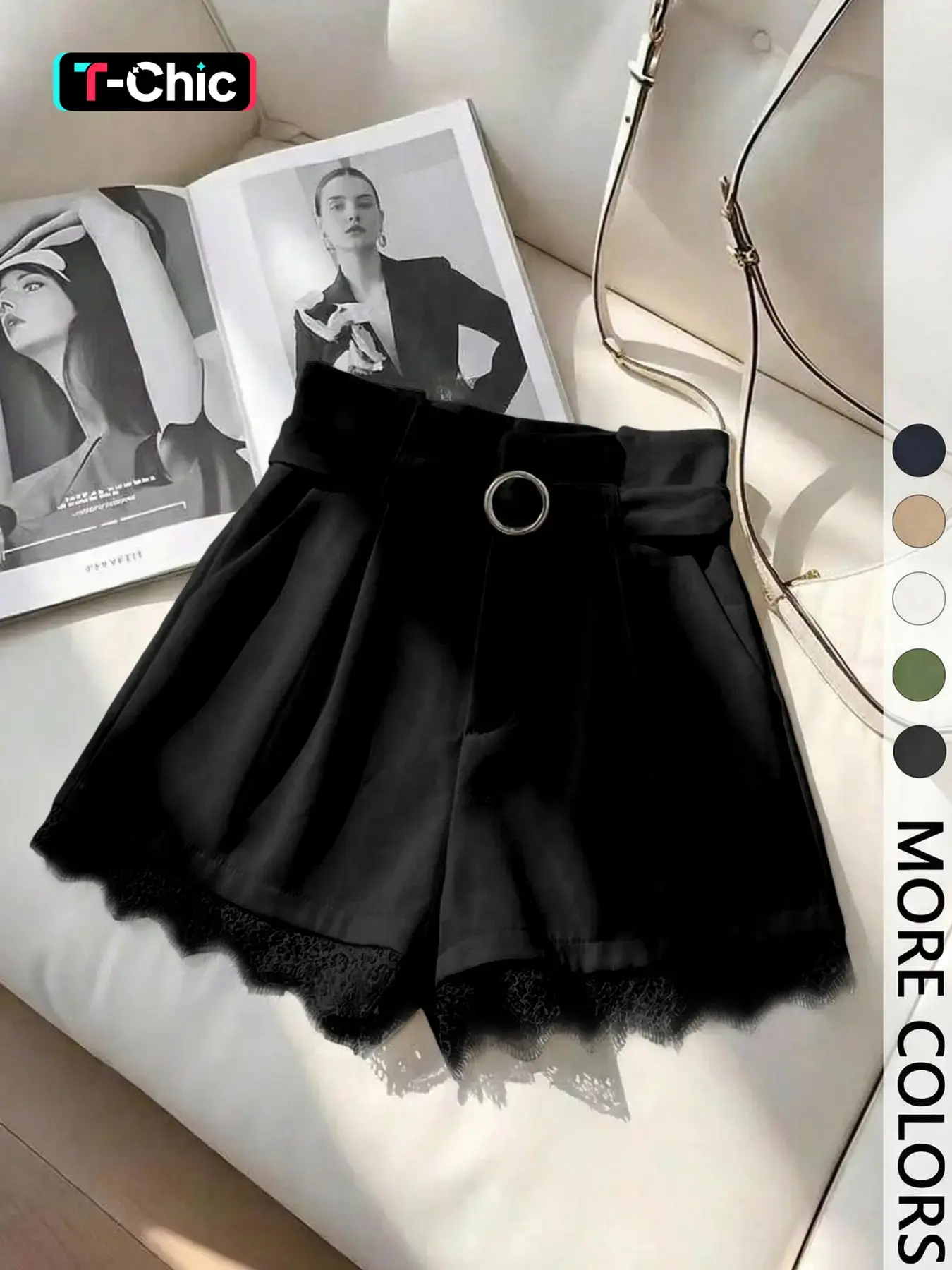Valentine's Day Women's Elegant Chic Summer Casual Fashionable Shorts with Belt, Fitted Solid Color Shorts with Contrast Lace Trim, Fashion Versatile Style, Lady, Womenswear