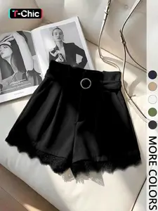 Valentine's Day Women's Elegant Chic Summer Shorts with Belt, Fitted Solid Color Shorts with Contrast Lace Trim, Fashion Versatile Style, Lady, Womenswear