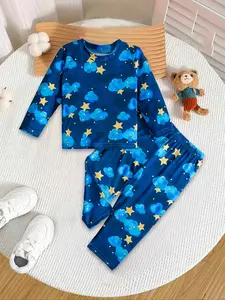 Valentine's Day Gift, Baby Boys' Starry Cloud Pajama Set, Navy Blue with Star & Cloud Print, Elastic Waist for Easy Wear, Ideal for Fall/Winter Home & Bedtime, Outfits