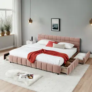 Eyisean King Floor Bed Frame with 4 Spacious Under Bed Drawers, Cute Puff Grid Pattern Chenille Upholstered Platform Grounded Bed Frame with Headboard, No Box Spring Needed, Easy Assembly