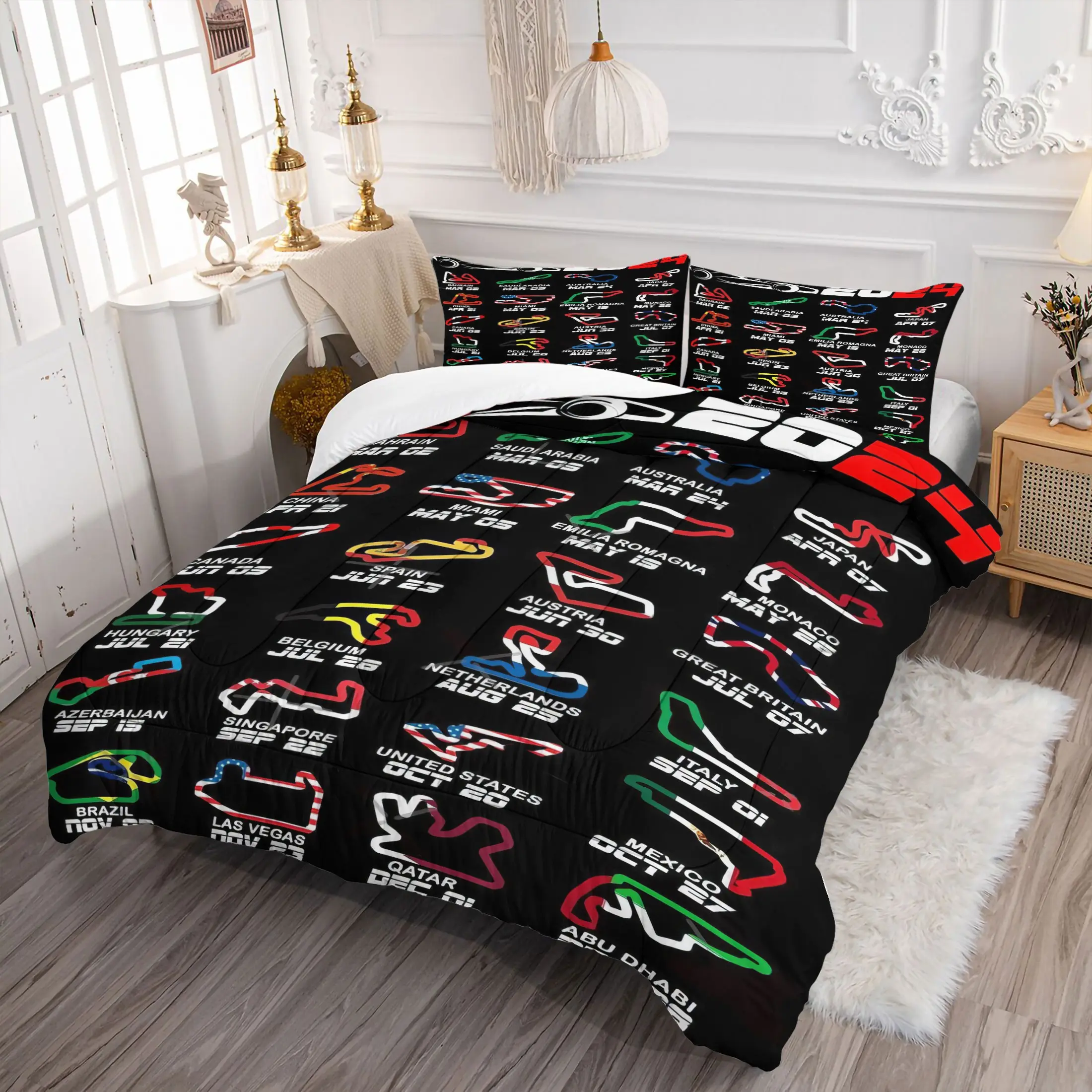 2/3PCS F1 Race Tracks Calendar Print Comforter Set, Motorsport Quilt, Soft Microfiber Bedding Set with Pillowcase, Formula 1 Grand Prix Circuit Bed Set for Racing Fans & Man Cave Bedroom Decor