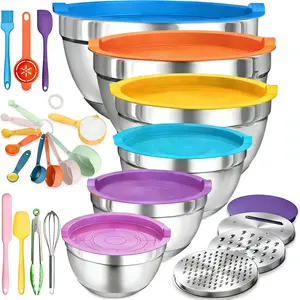 Stainless Steel Mixing Bowls Set with Lids Graters Whisk & Spoons 23 PCS Stackable Nesting Kitchen Baking Tools for Mixing Grating Serving