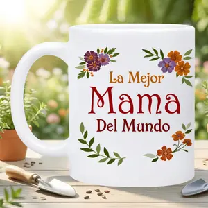 1pc 'La Mejor Mama Del Mundo' 11oz Ceramic Mug | Insulated Reusable Coffee Cup with Boho Flower Design, Dishwasher Safe, Perfect for Hot/Cold Drinks, Great Gift for Hispanic Mom, Mother's Day, Birthday, Christmas