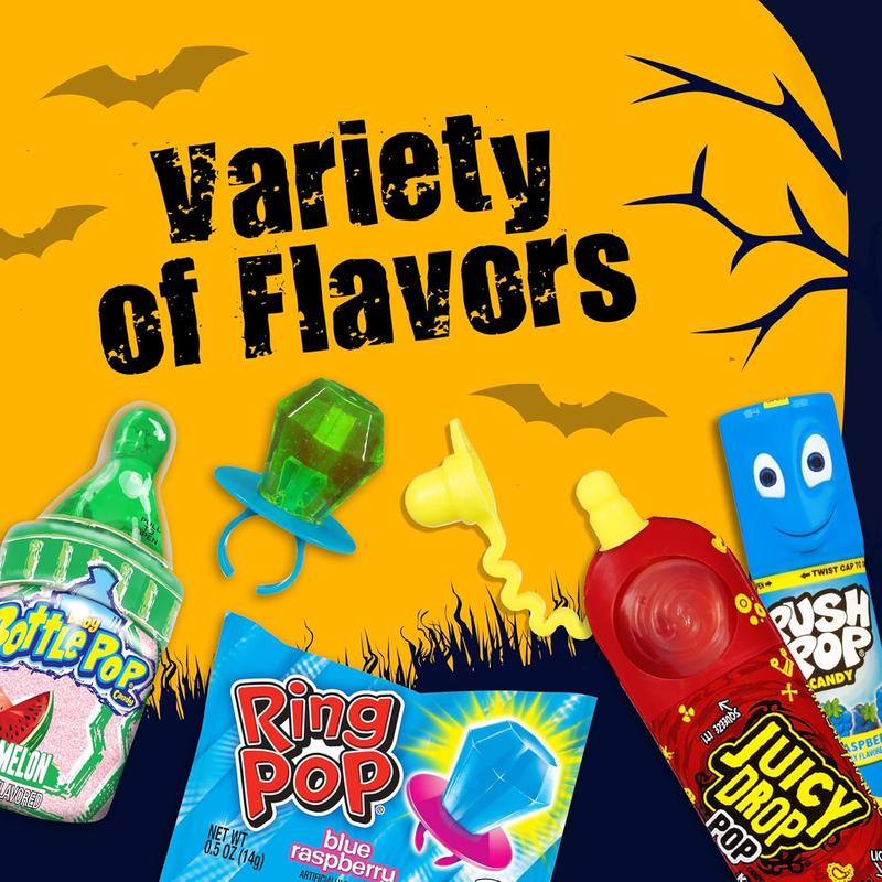 Halloween Candy Variety Pack, 18Ct Assorted Lollipops, Bulk Individually Wrapped Ring Pop, Push Pop, Baby Bottle Pop & Juicy Drop, Birthday Party Favors, Trick or Treat, Halloween Bowls, Kids Gifts