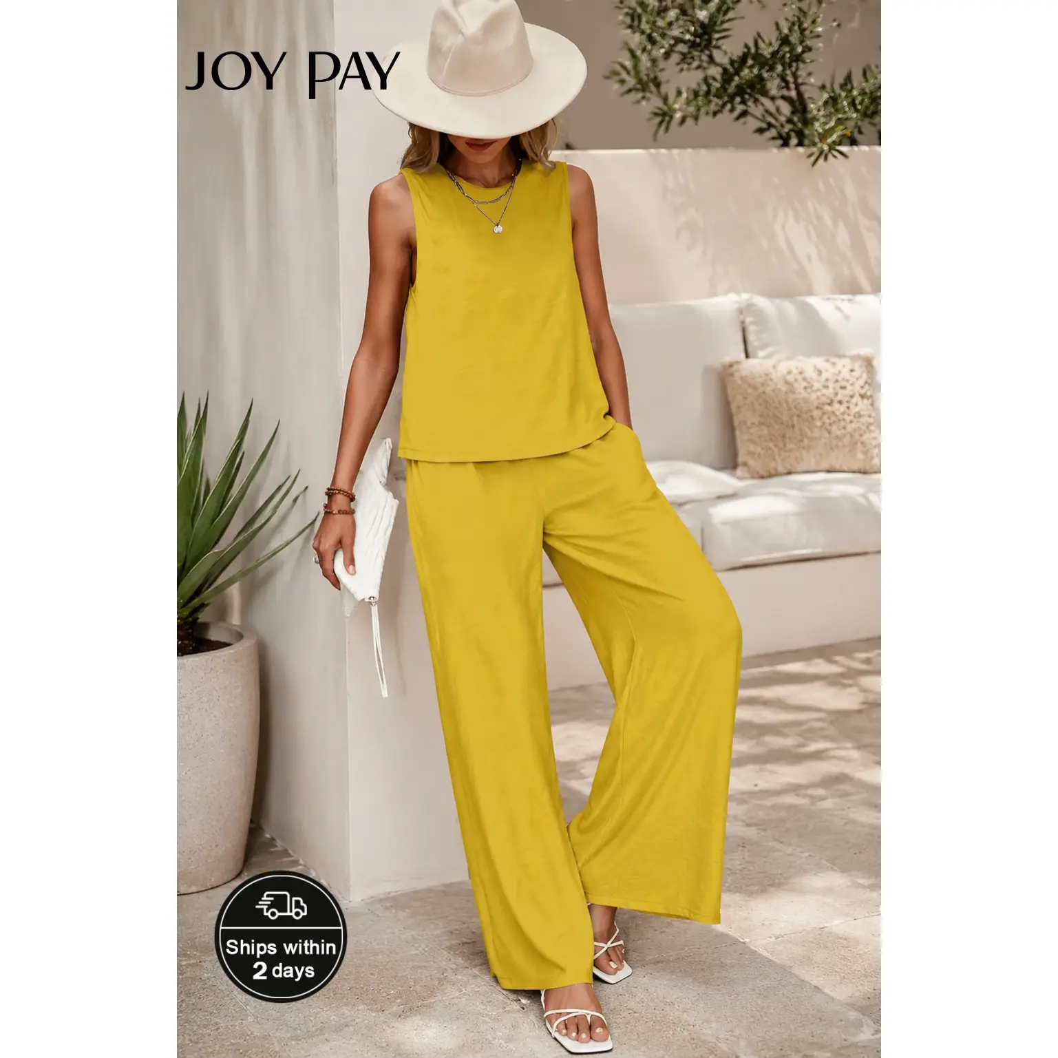 JOYPAY Women's 2-Piece Sleeveless Wide Leg Pants Set - Lightweight Breathable Fabric, Chic Fitted Ensemble, Dressy Casual Day Outfit with Matching Top, Stylish Women's Clothing Set with Accessories
