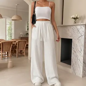 Women’s summer lightweight quick-dry breathable wide-leg pants, high-waisted loose casual elastic waistband drawstring long pants, suitable for daily commuting and home leisure.