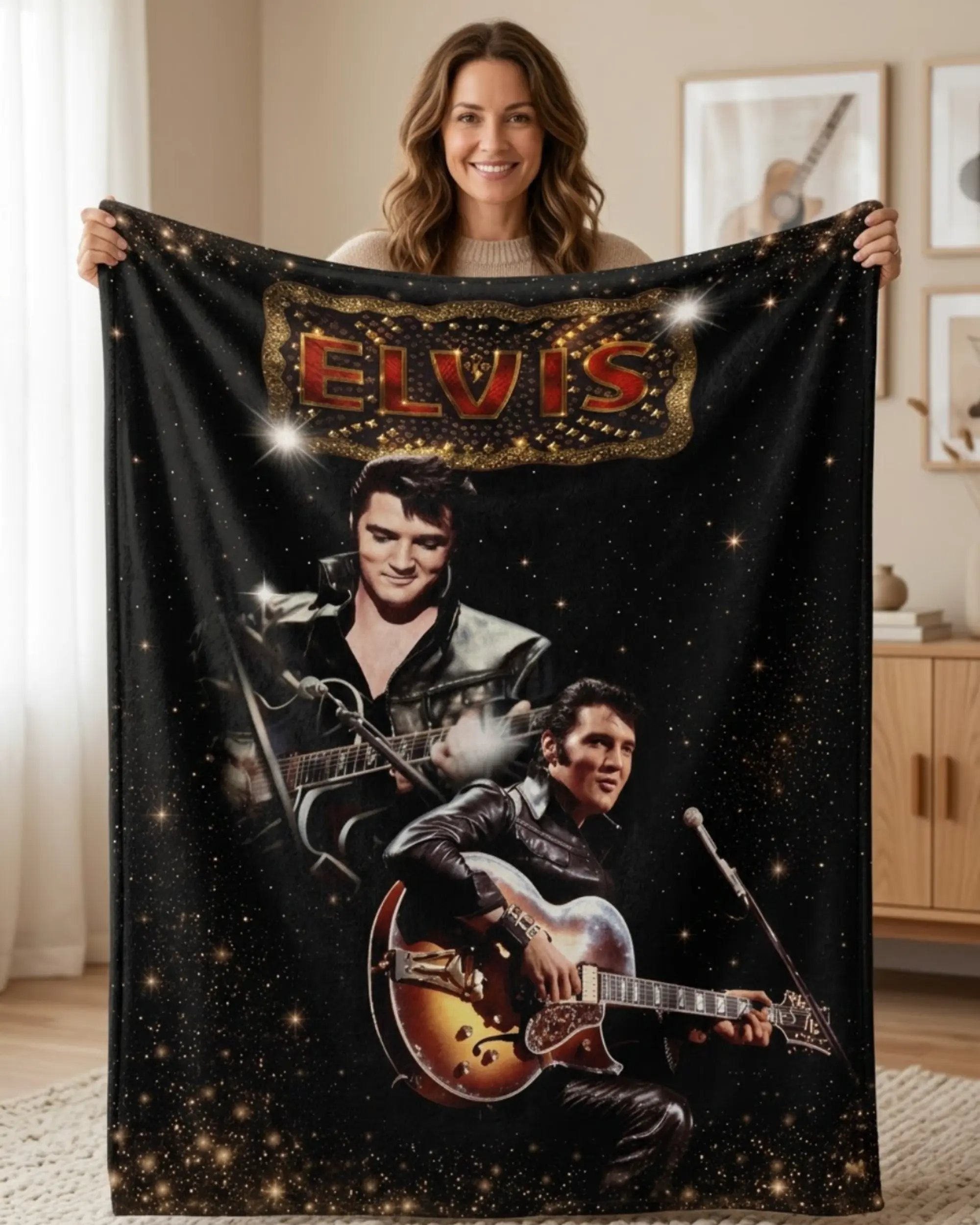 Women's Plush Fleece Elvis Presley Throw Blanket - All Season, Black Gold Concert Print Collage, Rock Vibes, Cozy Gift for Music Lovers, Bedroom Sofa Loungewear Decor, Glitter Effect, Performance Collage