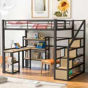 Full Size Metal Loft Bed with Stairs and Desk, Modern Heavy-Duty Steel Loft Bed Frame with Storage Shelves and Safety Rail for Teens Adults, Noise Free, Black