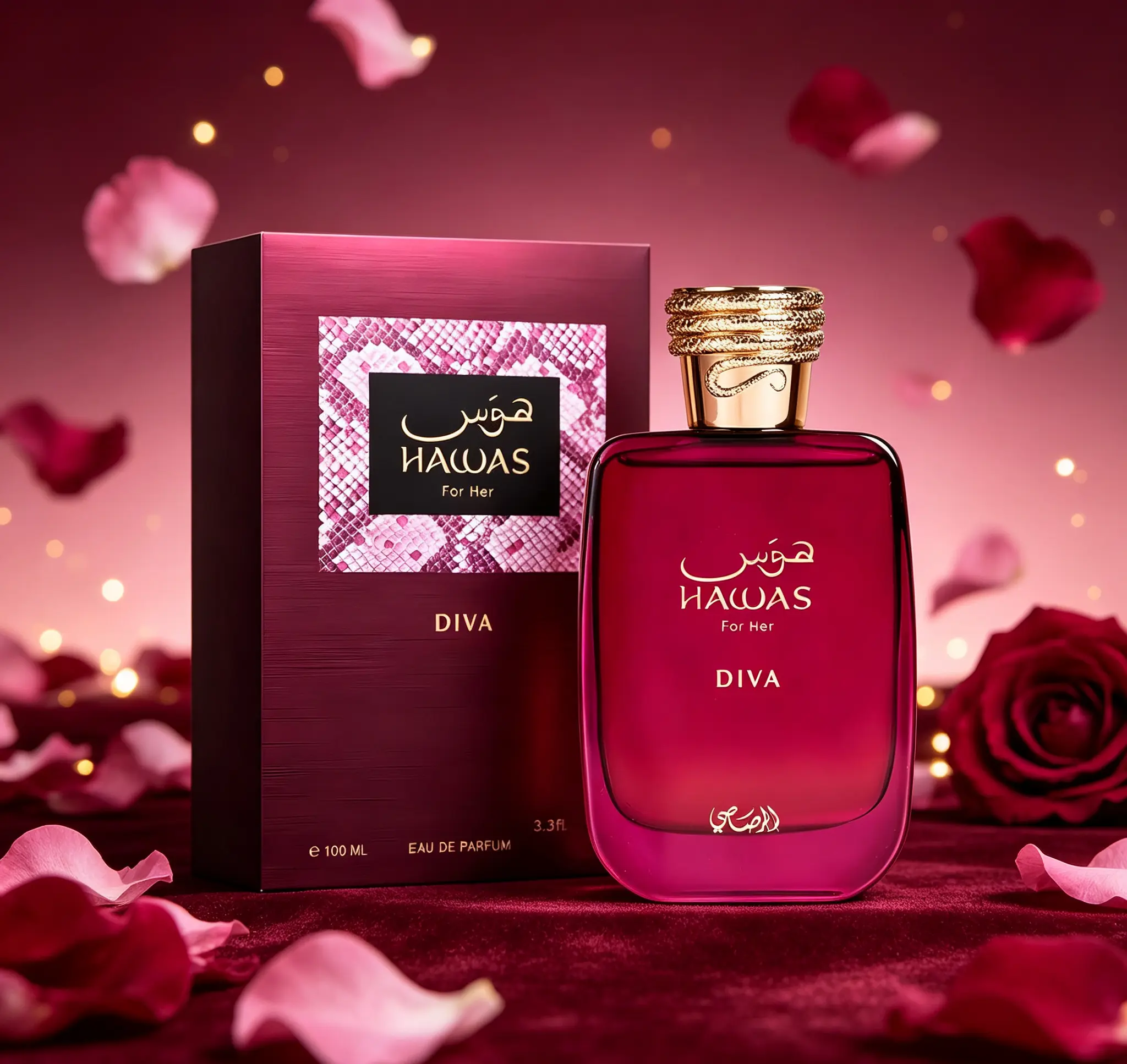 Hawas For Her Diva Eau de Parfum for Women 3.38 fl oz 100ml Long Lasting Elegant Arabian Ladies Perfume, Glamorous Feminine Scent for Date Night Party Daily Wear, Luxury Holiday Gift for Women