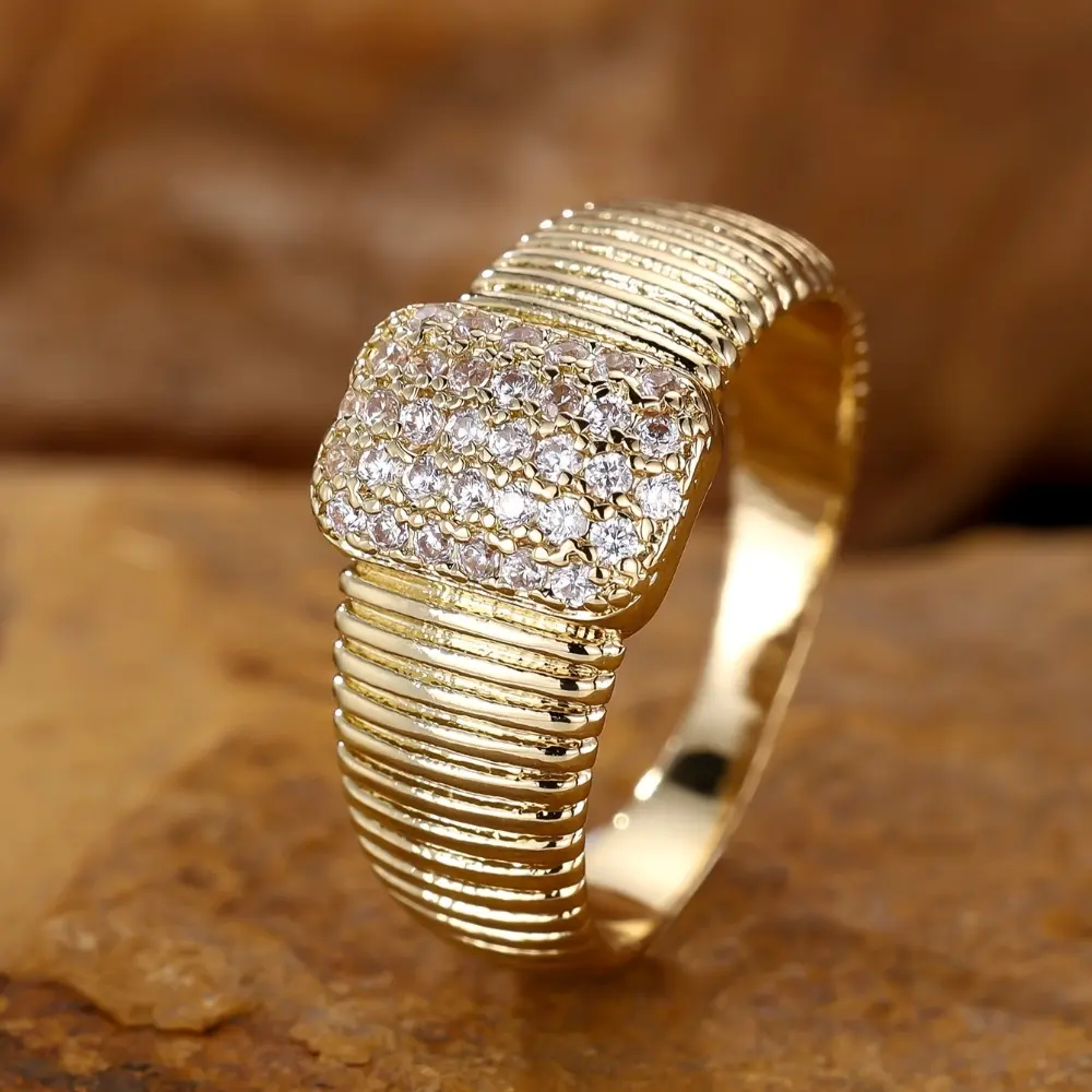 Shiny Elegant Square Synthetic Zirconia Golden Brushed Ring - Engagement Promise Bridal Eternity Ring - Anniversary Ring - Valentine's Day Mother's Day Gift - High-Quality Unisex Jewelry