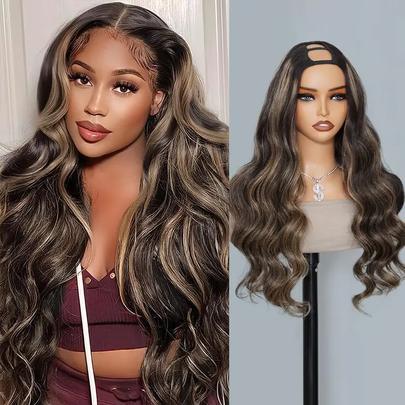 Recool Hair U Part Highlight Balayage/Brown Wig Human Hair Body Wave/Straight Wig 180% Density Colored Wigs for Women Real Scalp Beginner Friendly Elastic Drawstring