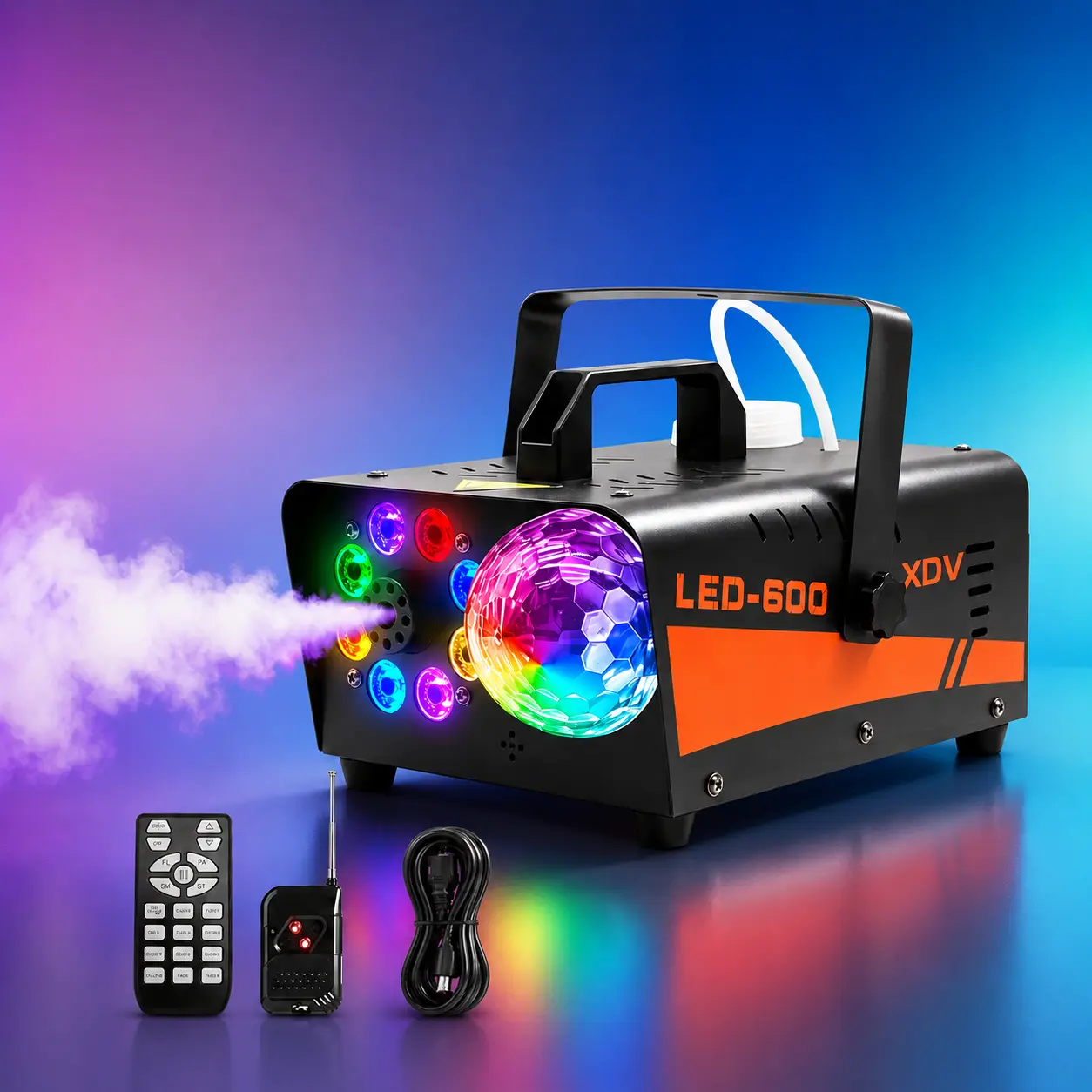 XDV LED-600 Contemporary Color Changing Compact Magic Ball Fog Machine, 600W RGB Fog Light with Remote Control & Wireless Receiver, Music Activated for Bonfire, Birthday Celebrations, Halloween Party Decor