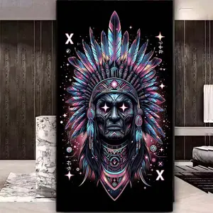 5D DIY Full Drill Round Diamond Painting Kit - Native American with Feathers, Mosaic Canvas Wall Art, Home Wall Decoration
