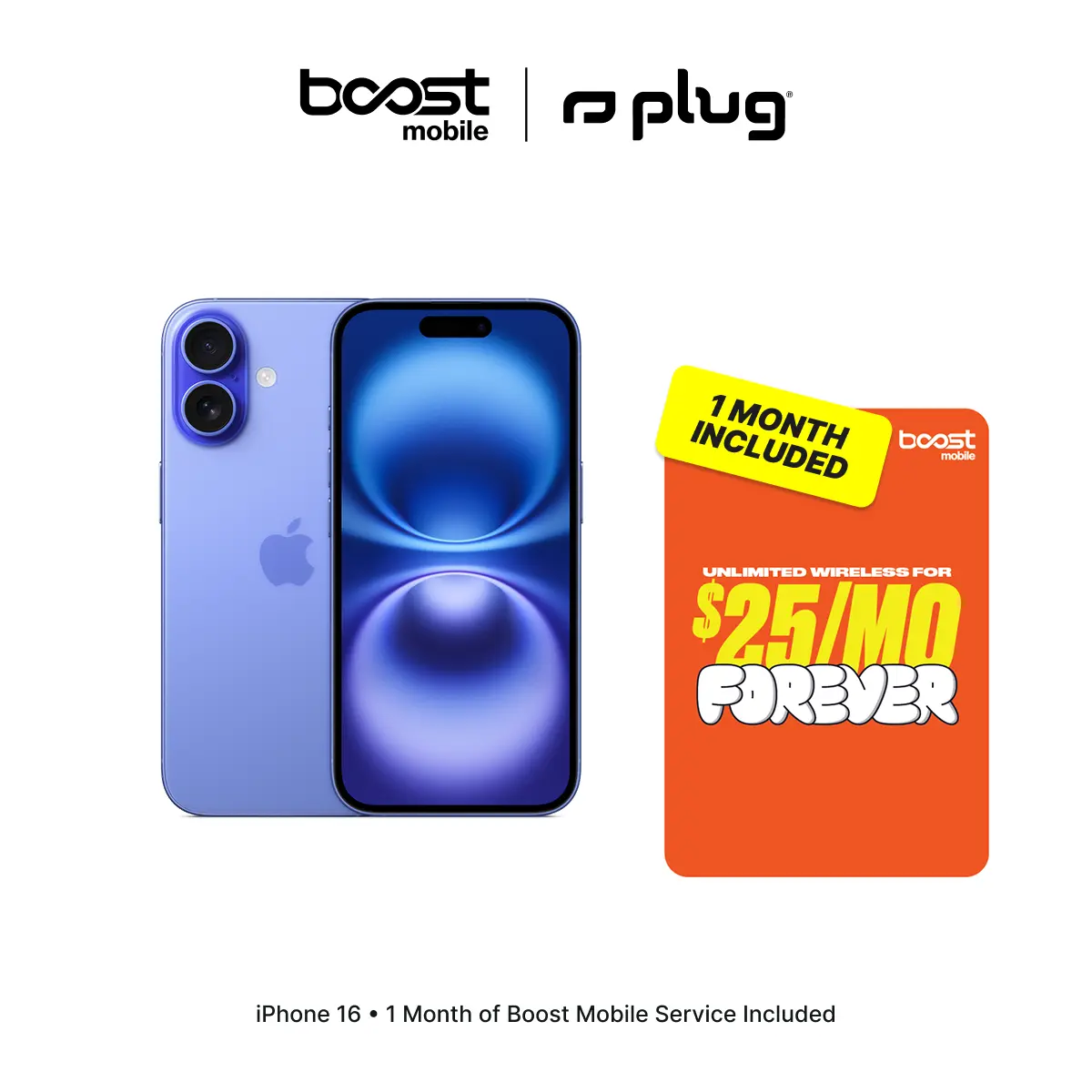 Refurbished Apple iPhone 16 (Unlocked) + 1 Month of Unlimited Boost Mobile Service Included - Good Condition with 1-Year Warranty by Plug