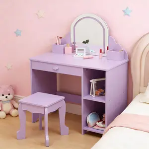 GARVEE Lighted Vanity Desk Set with LED Mirror, 2-in-1 Makeup Vanity & Stool, Drawers, Open Shelves, for Bedroom Playroom, Purple, Makeup Vanity Desk