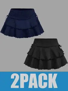 2-piece set of pure color knitted double-layer ruffle edge short skirt, Workout skirts for teenagers, casual play and sports, slim fit and slimming, simple and versatile, suitable for spring, summer and autumn, machine washable and dry cleanable