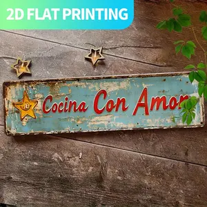 2D Flat, 1pc Vintage "Cocina Con Amor" Metal Sign - Rustic Blue & White Aluminum Wall Decor, 15.7x3.9 Inches, Pre-Drilled for Easy Hanging, Perfect for Kitchen, Farmhouse, Porch, or Gothic Home Decoration, Unique Gift for Friends & Family, Kitchen Wall De