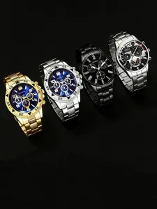 4-piece Fashion Men's Quartz Watches - Stainless Steel Strap, Round Zinc Alloy Case, Electronic Sports, Battery-powered, Non-waterproof, Casual Trendy Wristwatch