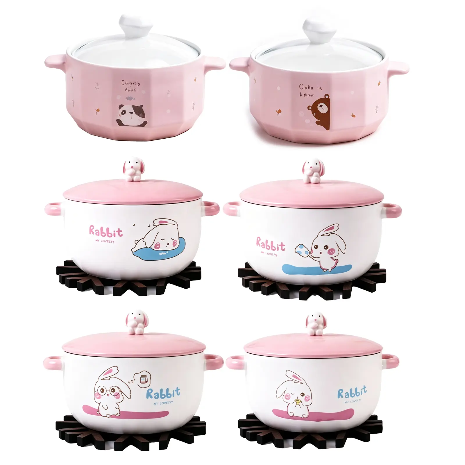 Cute Cartoon Ceramic Ramen Bowl｜With Lid & Dual Handles, Microwave‑Safe Large Porcelain Soup Bowl, For Noodle Pho Udon Tomyum, Whimsical Character Food Container, Home Kitchen Dorm Daily Use