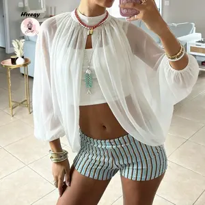 Women's Sheer Blouse Glitter Solid Color Long Sleeve Mock Neck Open Front Tops Streetwear