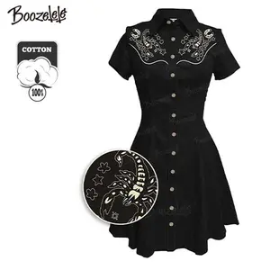 [Embroidery] Gothic Style Scorpion Pattern 100% Cotton Dress  Short Sleeve Buttondown, Vintage Dark Collared Dress for Women, Gothic Dress, Casual Classic Womenswear, Western Style, Gothic Girl