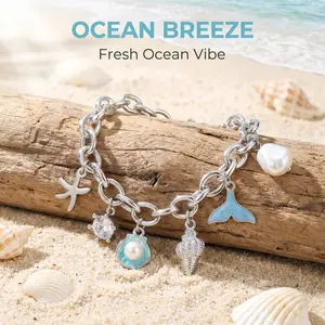 Ocean Charm Bracelet With Mermaid Tail Starfish And Pearl Charms Silver Plated Skin Friendly Jewelry For Women With Gift Box