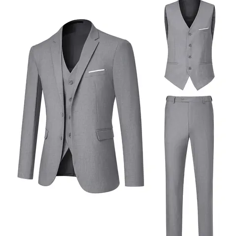 TweedLad Men's 3-Piece Slim Tweed Fabric Suit - Button-Closure Blazer, Pants, Plain Tie, Pocketed Formal Wear for Business, Wedding