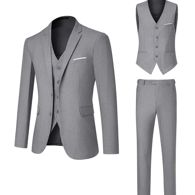 TweedLad Men's 3-Piece Slim Tweed Fabric Suit - Button-Closure Blazer, Pants, Plain Tie, Pocketed Formal Wear for Business, Wedding