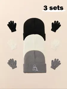 3pcs Baby Beanie Hat, Dinosaur Embroidery, Infant Newborn Toddler Winter Warm Knit Cap, Casual Style, Fall & Winter, Winter Skull Cap