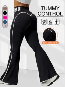 Women's Fall Winter High Waisted Colorblock Letter Print Yoga Pants, Flared Yoga Bottoms, Sporty Tight Fit Flare, Casual Fitness Joggers