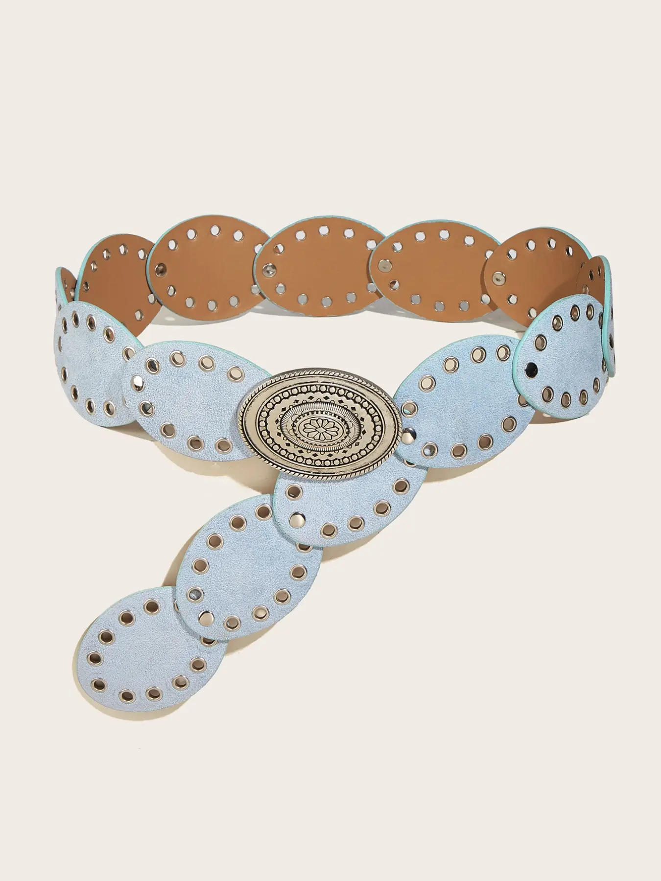 Women's Boho Light Blue Velvet Belt, Vintage Silver Color Rivet Eyelet Patch Belt, Y2K Western Cowboy Chunky Belt for Daily Use, Boho Style Belt, Summer Music Festival Party Campus