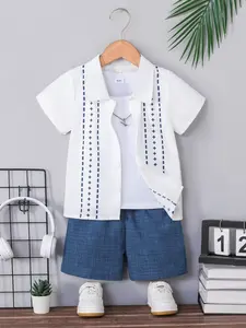 Summer New Boys' 2-Piece Set, Button-Down Short Sleeve Shirt & Solid Shorts, Breathable Fabric, Perfect for Vacation & Home Leisure, Outfit Sets
