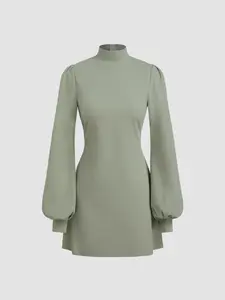 Cider High Neck Ruffle Puff Sleeve Mini Dress