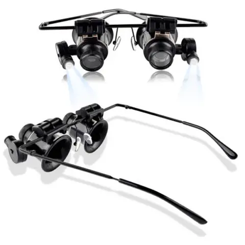 GTE 20X Double-Light Illuminated Lens Magnifying Glasses - Frame & Eye Glass Frame, Hands-Free Loupe with Hands-Free Convenience, 4-CR2106 Batteries, Adjustable for Jewelers, Compatible with Photography Equipment