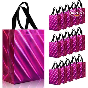 cabzymx 16 Pcs Small Holiday Gift Bags Bulk, Hot Pink Reusable Gift Bags with Twill Laser, Unique Non-woven Goodie Bags for Birthday, Wedding, Valentines, Parties, Easter- 8x3.9x9.8 In