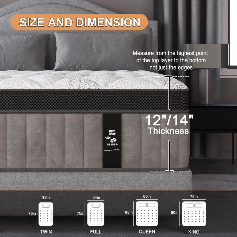 12"14" Twin Full Queen King Size Mattress in a Box Hybrid Spring Gel Memory Foam,  Euro Top Medium Firm Ergonomic Mattresses for Motion Isolation, Edge Support, 100 Night Trial