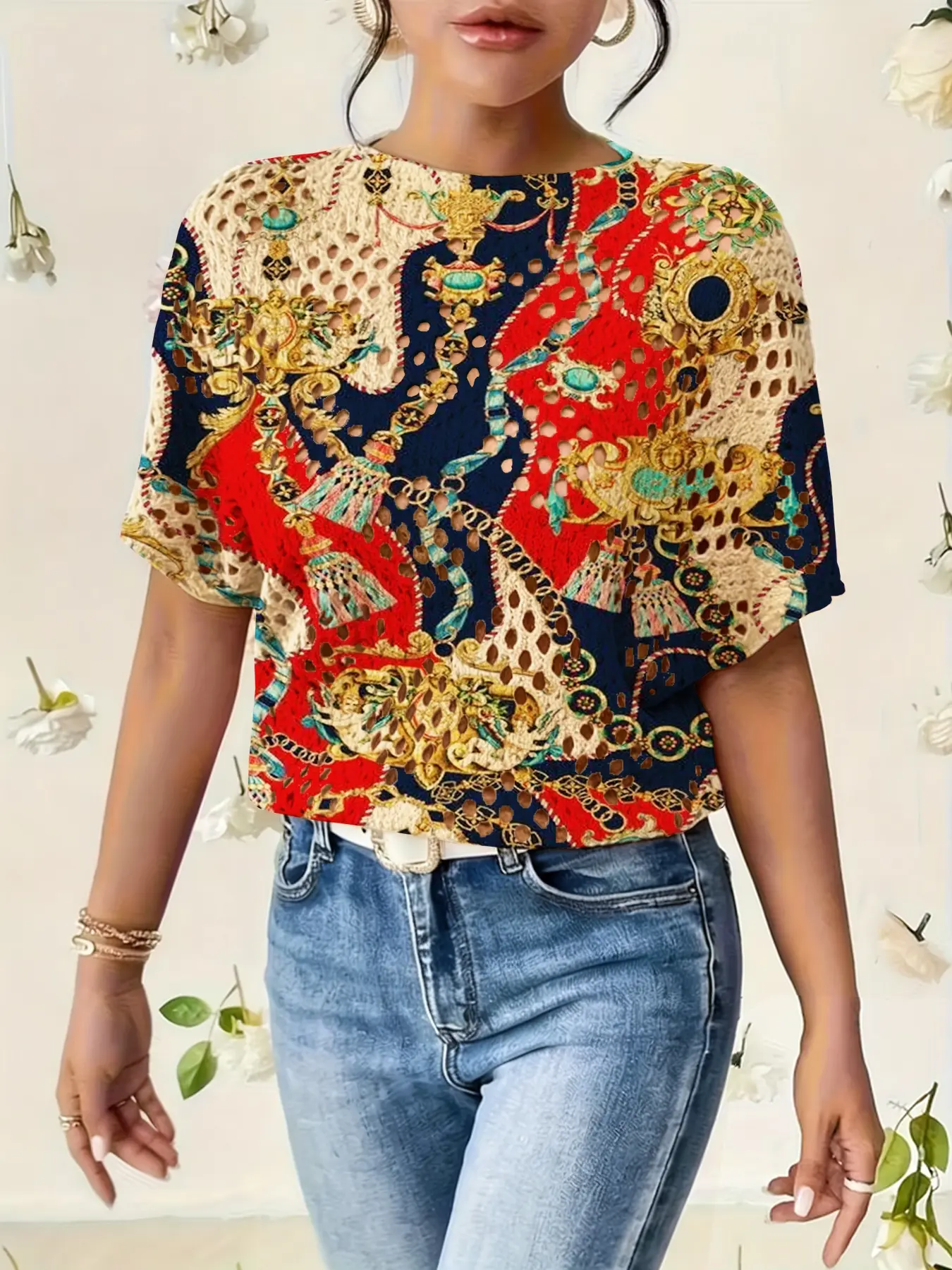 Women's Colorblock Baroque Print Round Neck Sweater, Fall Winter Casual Batwing Sleeve Knitwear, Comfortable Warm Daily Wear