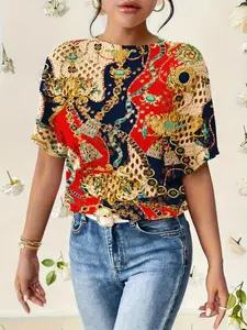 Women's Colorblock Baroque Print Round Neck Sweater, Fall Winter Casual Batwing Sleeve Knitwear, Comfortable Warm Daily Wear