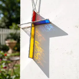 Stained Glass Cross-Handmade Stained Glass Sun Catcher - Window Hanging Decor - Geometric Glass Art - Unique Housewarming Gift - Fast US Shipping
