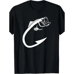Fish Hook Minimal Art Cool Fishing Lover, Art Lover Gift Printed T-shirt Comfortable Breathable, Soft, Casual Short Sleeve, Daily Wear, All Season, Black Men 200g washed cotton short-sleeved men's T-shirt