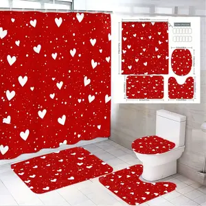 1/4pcsRomantic Valentine's Day Bathroom Set - Red Shower Curtain with White Heart Dots, Matching U - Shaped Toilet Mat, Rectangular Bath Mat, Plus Decorative Accessories - Perfect for Valentine's Day, Anniversary, Wedding Home Decor Shower Curtain Sets