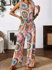 Ethnic Style Bohemian Colorful Print Sleeveless Romper, Round Neck Waist Cinch Loose Wide Leg Pants, Summer Beach Vacation Long Pants