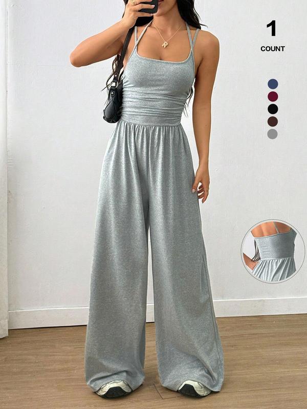 2026 Women's Sleeveless Halter Jumpsuit, Ruched Waist Wide-Leg Palazzo Jumpsuit with Pockets