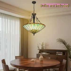 Stained Glass Pendant Light with Adjustable Chain, 5-Light Vintage Chandelier - 23.6 Inch Emerald Green Ceiling Lamp for Dining Room, Living Room & Foyer