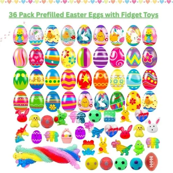 36 Pack Prefilled Easter Eggs with Fidget Toys – Bright Colorful Easter Eggs with Stress Toys Inside, Basket Stuffers for Kids & Toddlers, Party Favors, Egg Hunt Fillers