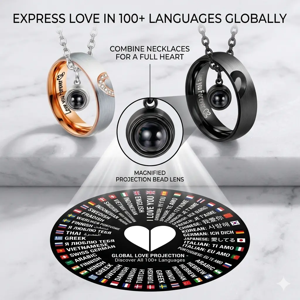 SereluneS Fancy Matching Pair Couples Necklace & Ring Promise Set - Stainless Steel Heart Pendant, 100+ Languages "I Love You" via Embedding Method Fork Shaped, Lobster Buckle Jewelry for Couples, Anniversary Gift