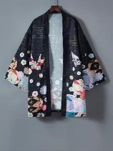 Traditional Vintage Floral Print Kimono Cardigan, Harajuku Style Improved Hanfu Jacket, 7/8 Sleeve Japan Short Outerwear for Sun Protection and Casual Fashion