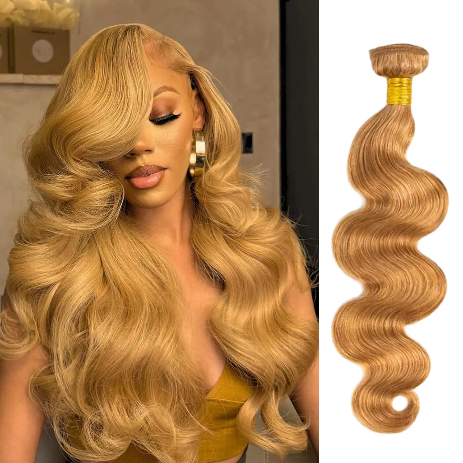 ANMETAN Color #27 Honey Blonde Bundles Human Hair Body Wave, Sew In Weave Wavy Bundle for Black Women, 12A 100% Unprocessed Virgin Remy Hair Soft Thick