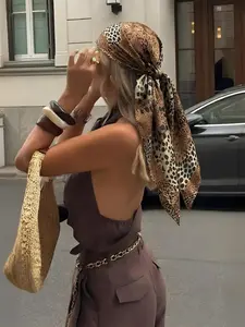 New Leopard Print Color Block Square Scarf, Fashionable Stylish Neck Tie Head Wrap Shawl, 1pc Trendy Accessory